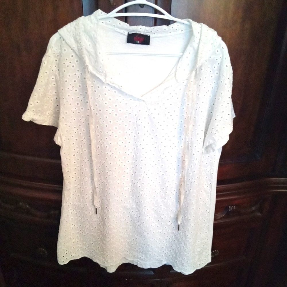 Elissia Women's White Eyelet Mixed Media Hooded Short Sleeve Top Large